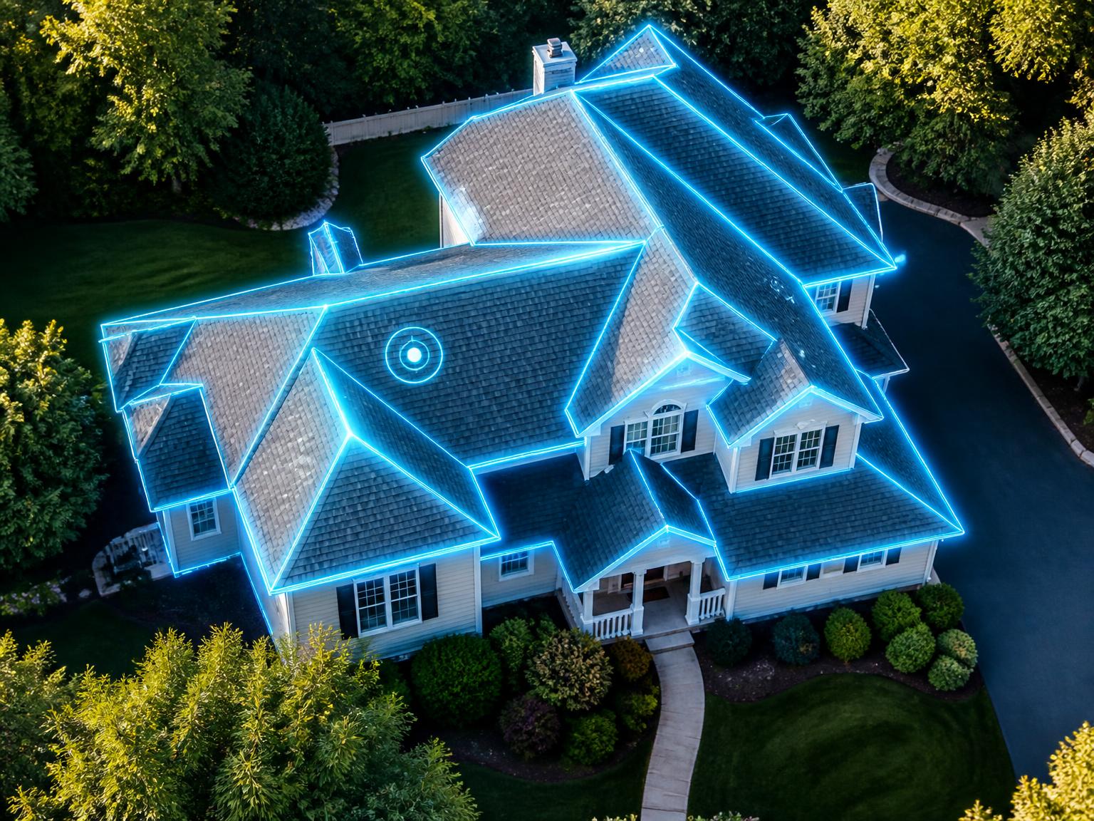Aerial photo of a home with glowing blue AI outlines tracing every roof facet